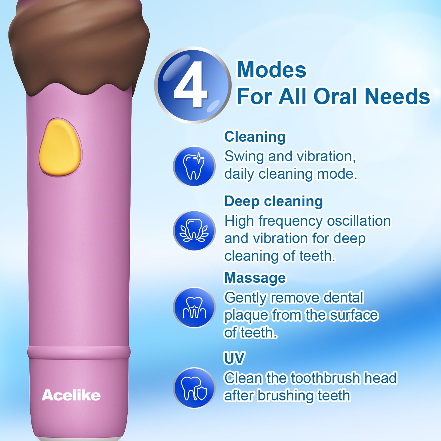 UV mode indicator on Acelike pink kids toothbrush