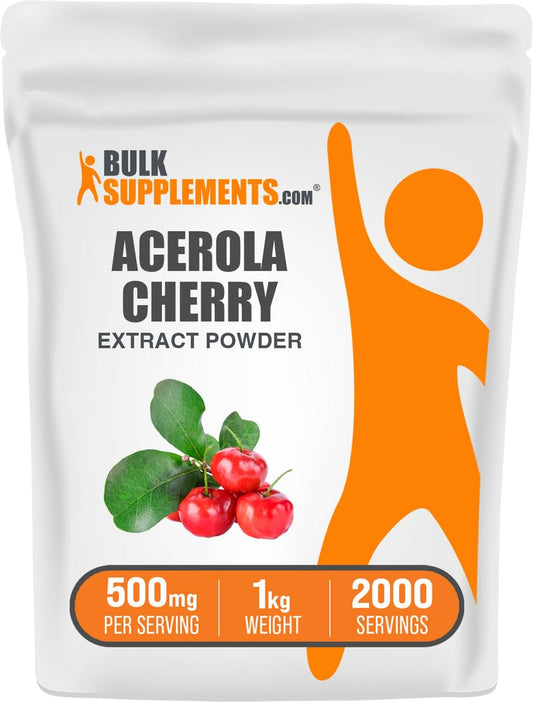 Acerola cherry extract powder 500mg serving in a scoop beside a 1kg package.