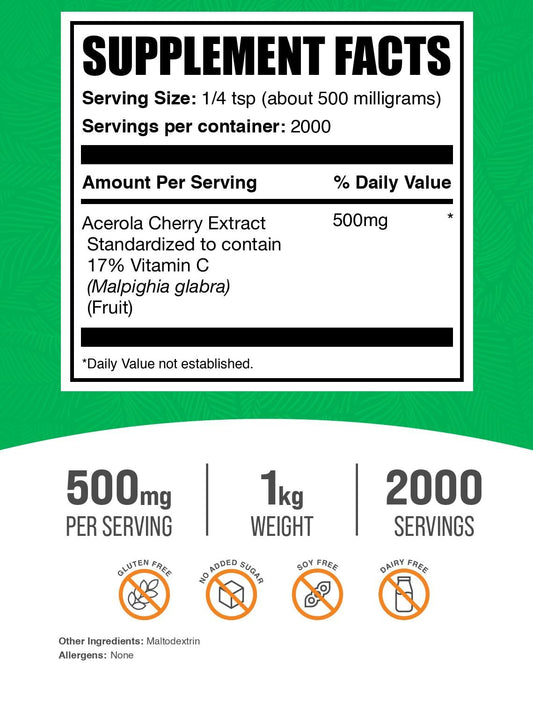 Ingredient panel of Acerola Cherry Extract Powder showing key nutrients.