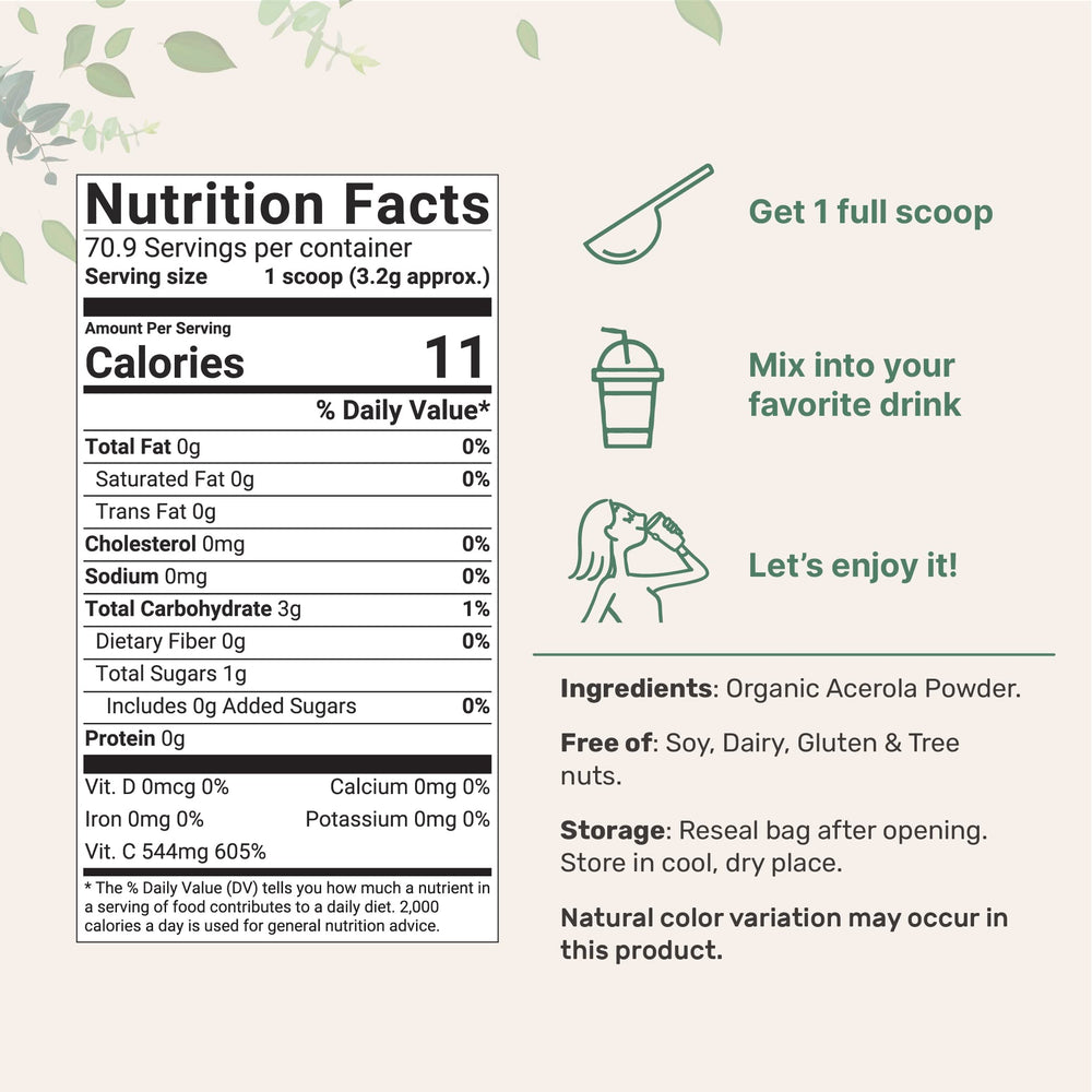 Acerola cherry powder bags showing Brazil origin, 8 oz each