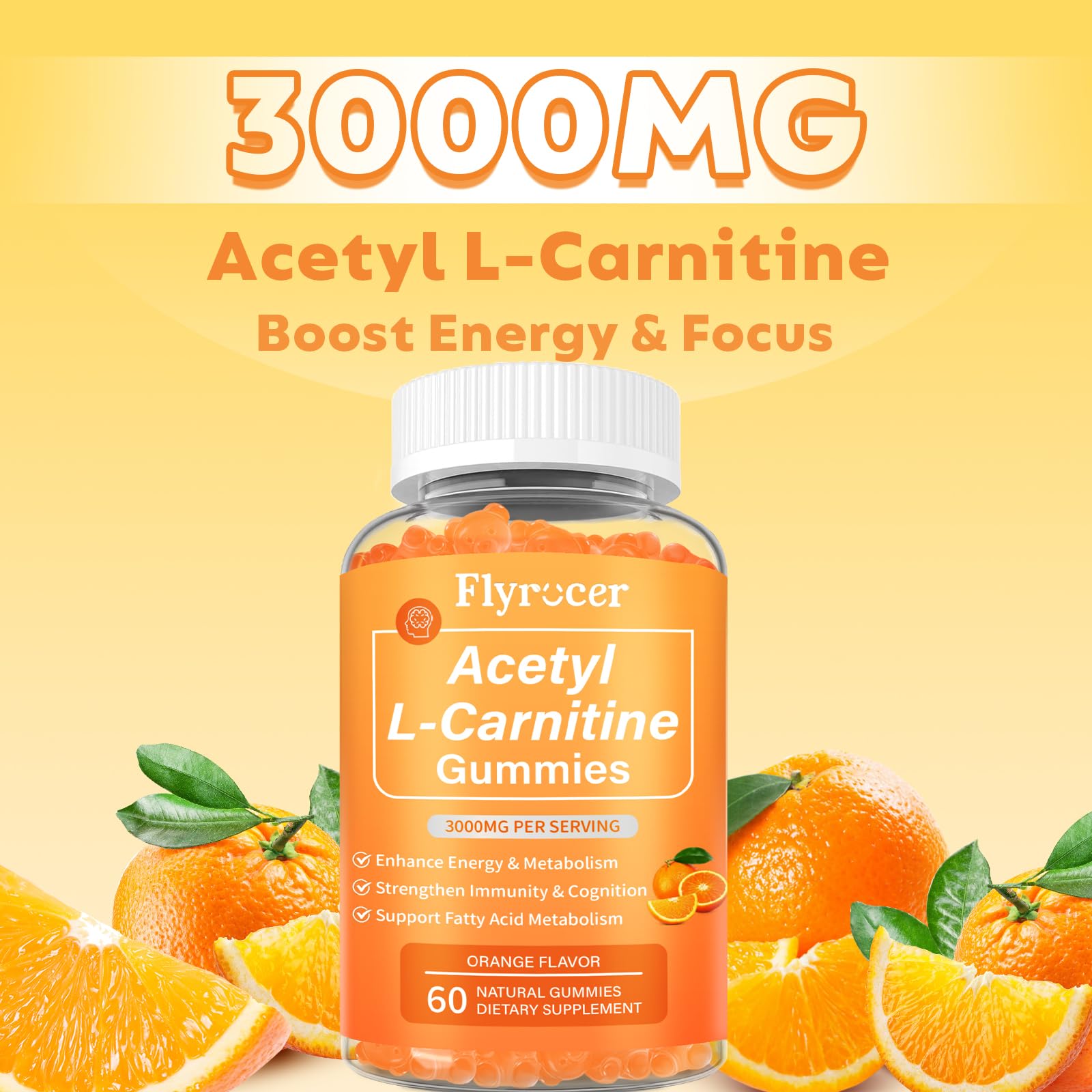 Product packaging and branding for Flyrocer Acetyl L-Carnitine Gummies