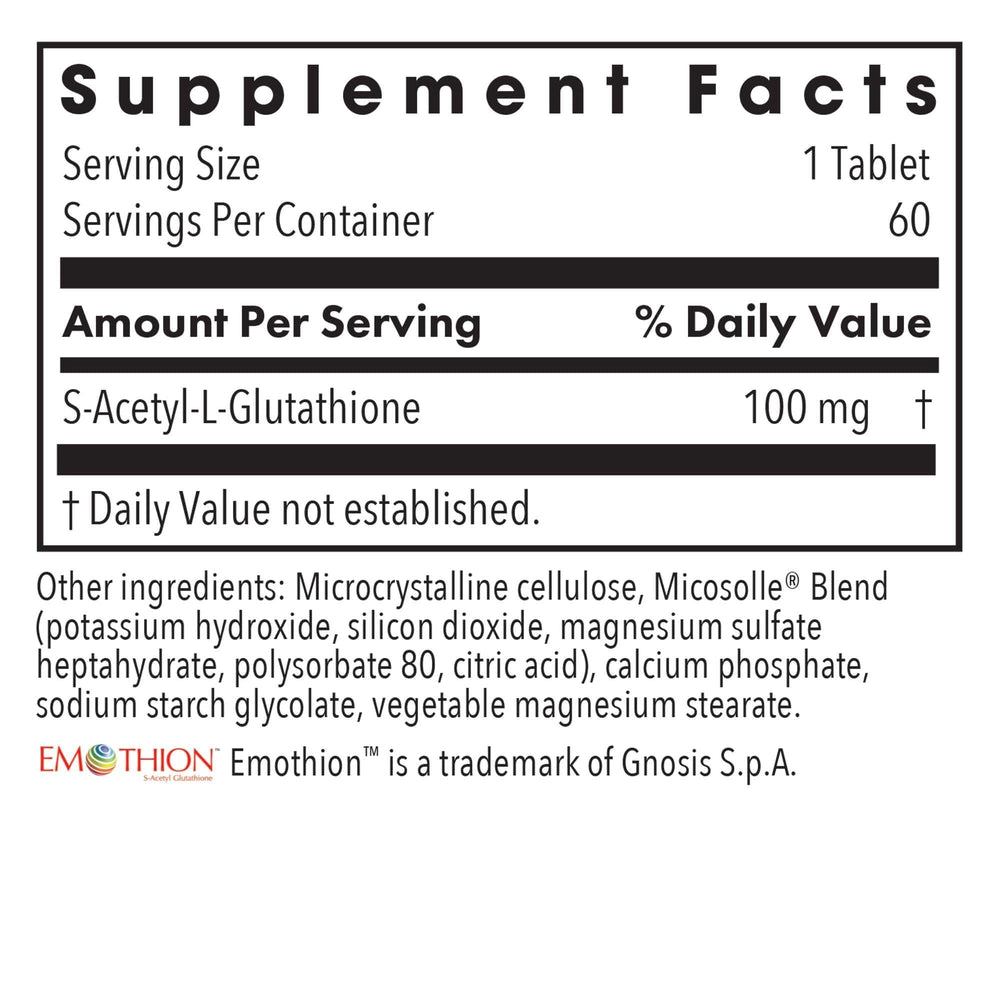 Close-up of scored, 100 mg S-Acetyl-L-Glutathione tablets
