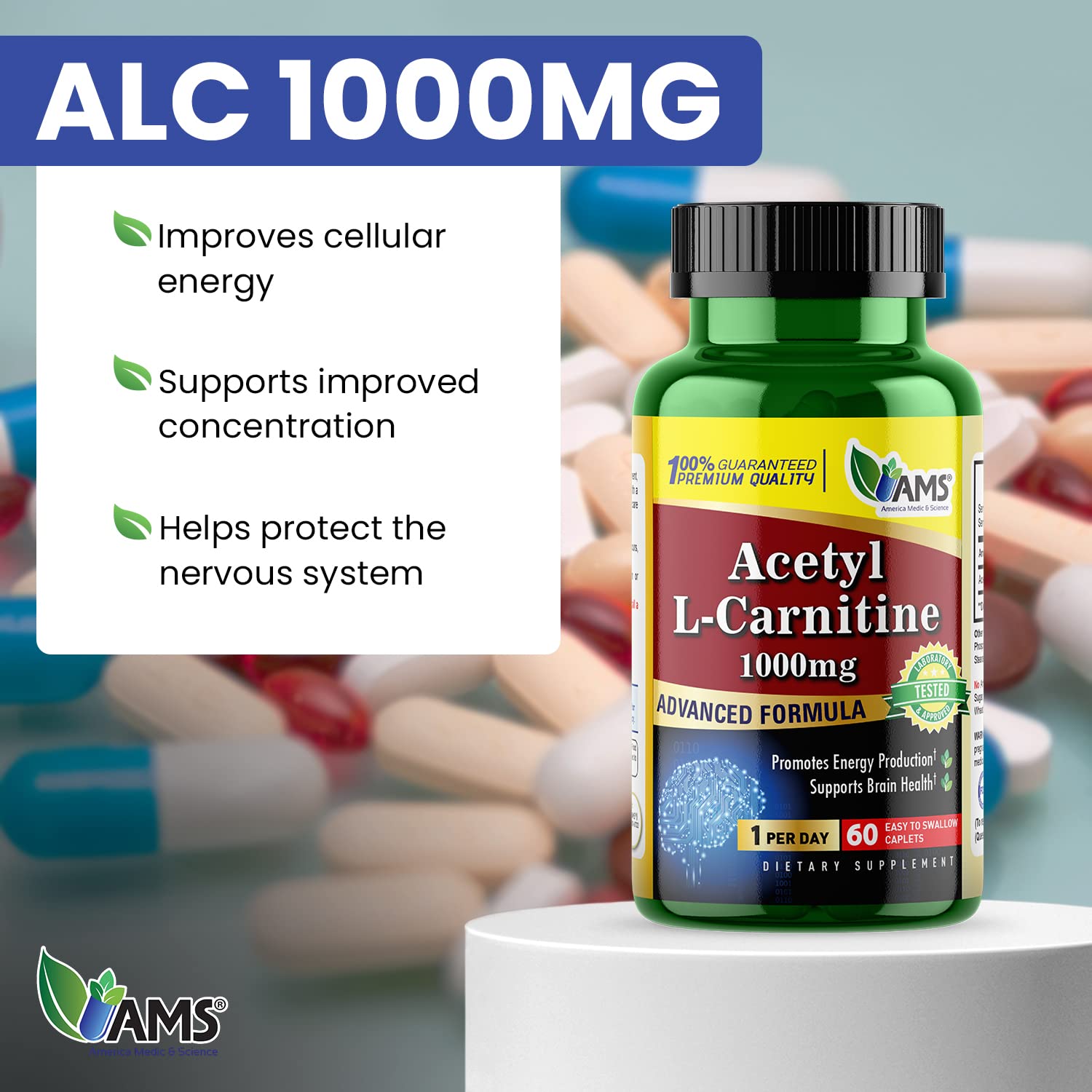 Close-up of Acetyl L-Carnitine 1000mg tablets