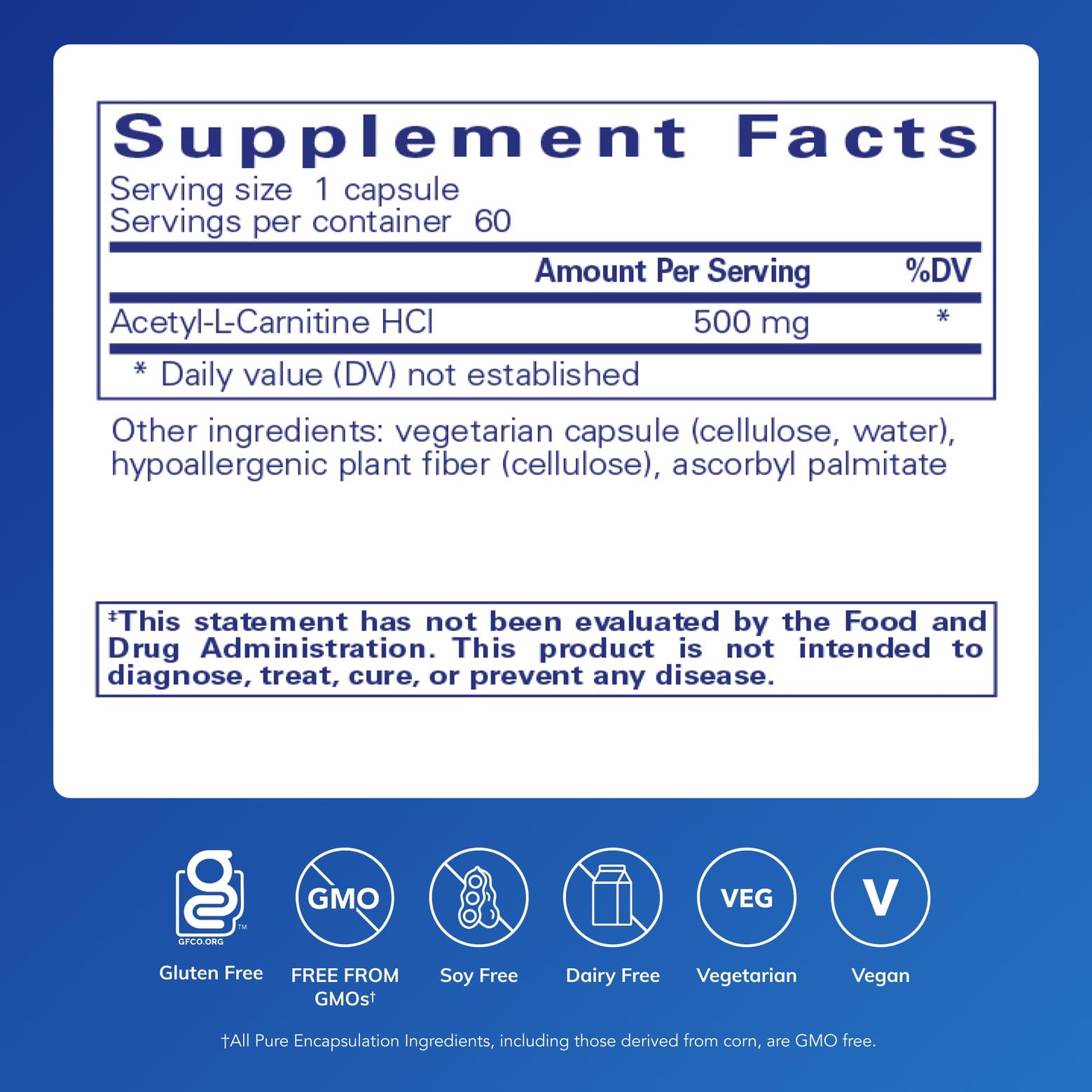 Label showing 60 capsules for Pure Encapsulations Acetyl L-Carnitine
