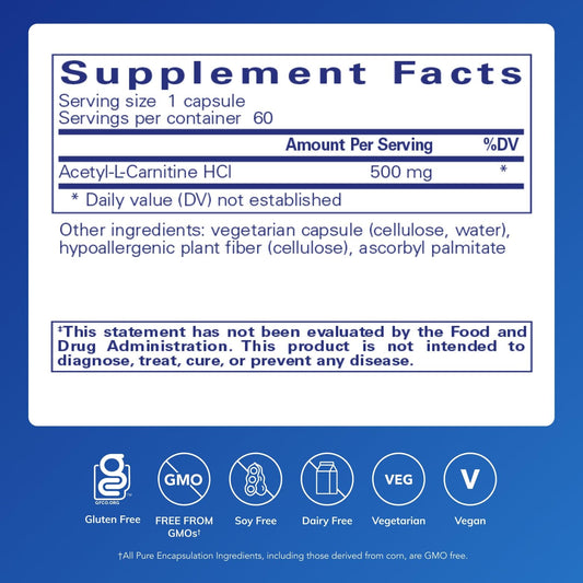 Label showing 60 capsules for Pure Encapsulations Acetyl L-Carnitine