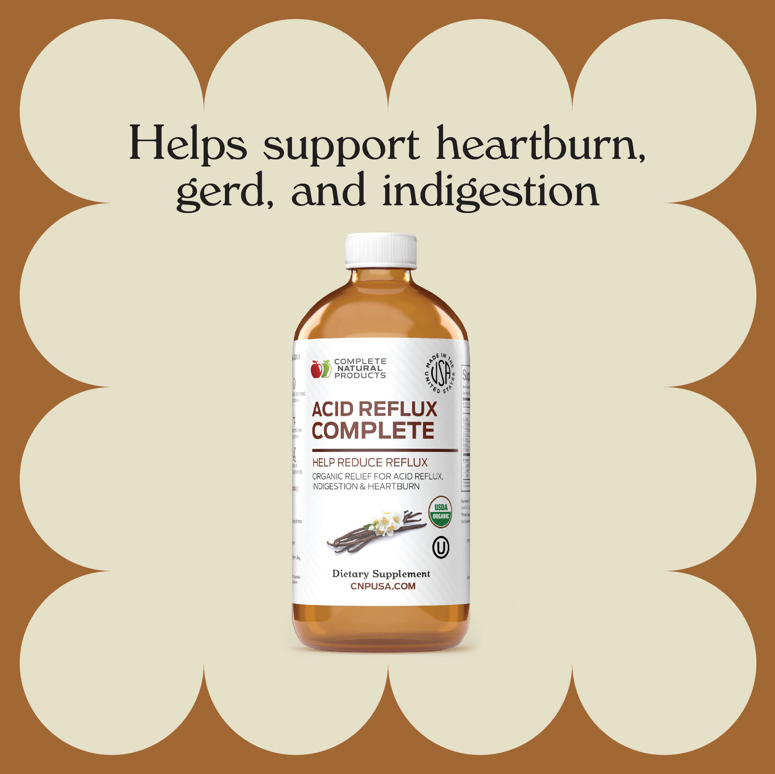 Acid Reflux Complete ingredients close-up—Aloe, Ginger, Garlic, Vanilla blend for natural support.