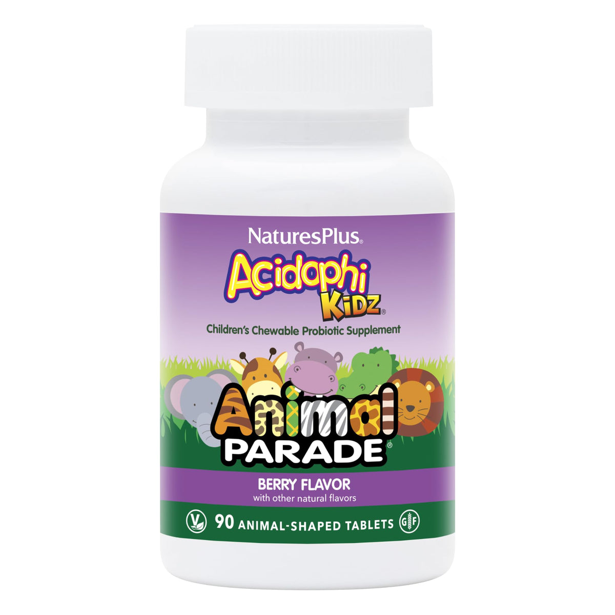 NaturesPlus Animal Parade AcidophiKidz Berry Flavor bottle with 90 chewables in a 2-pack