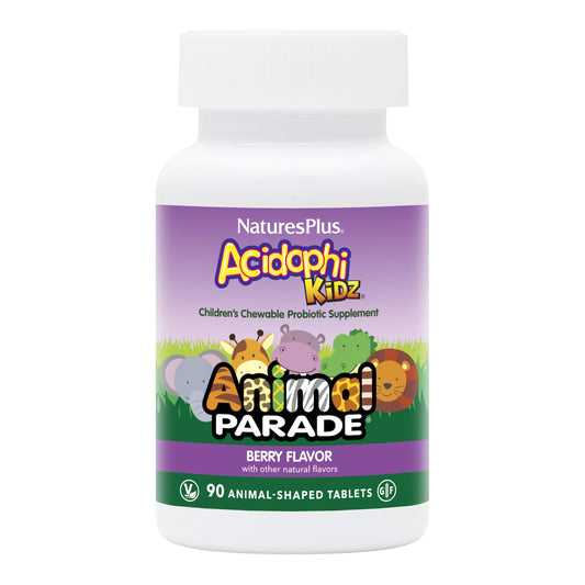 AcidophiKidz Berry Flavor chewables with animal shapes in a bottle