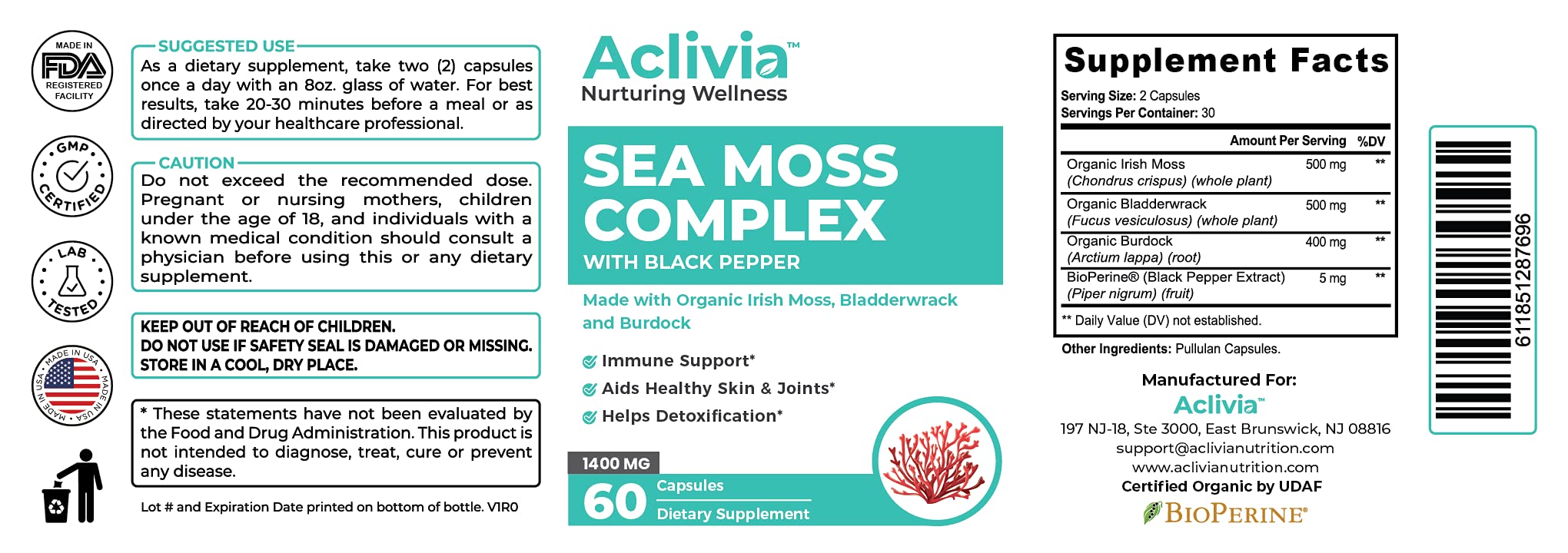 Aclivia purity and quality testing label