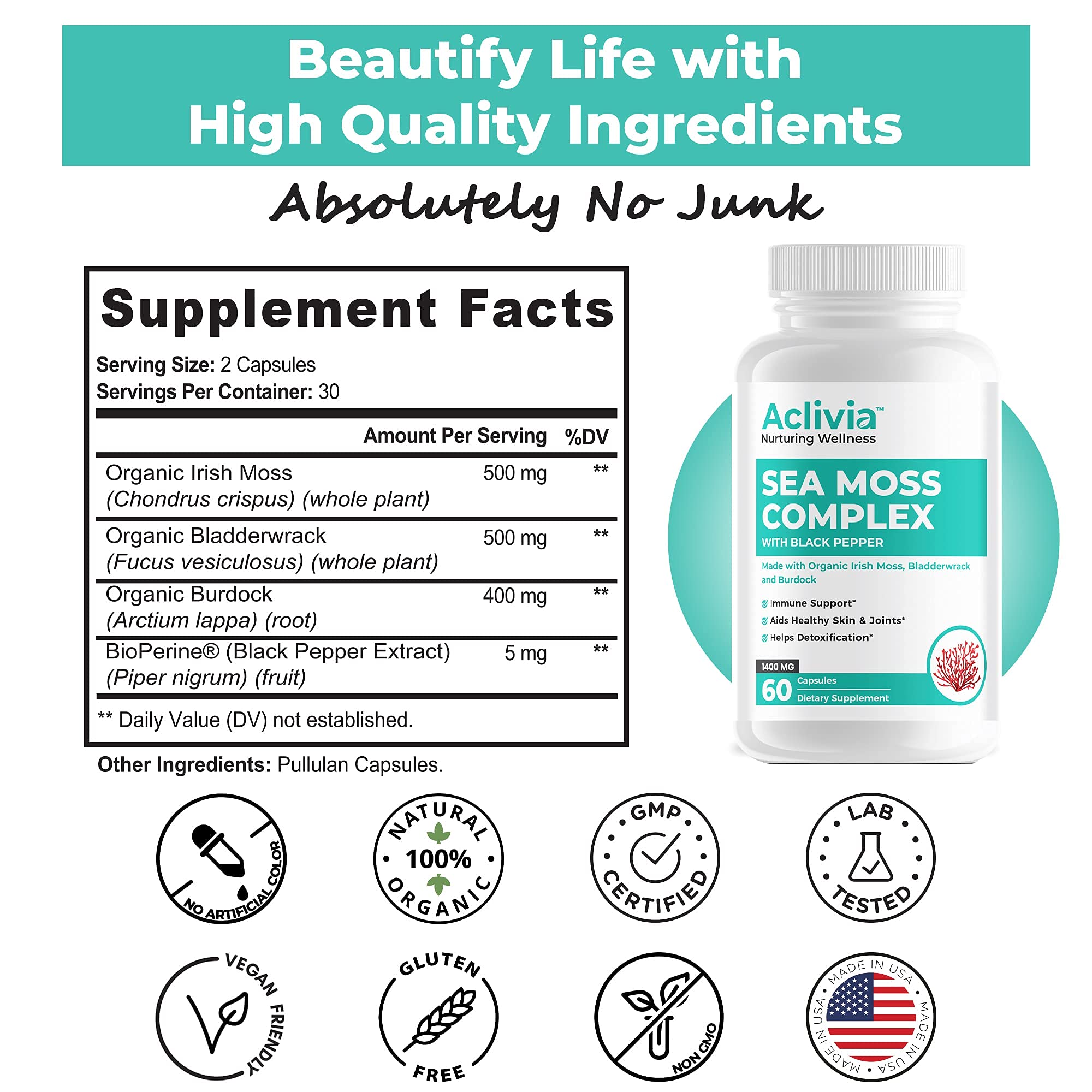 Aclivia sea moss ingredients with bladderwrack and burdock root