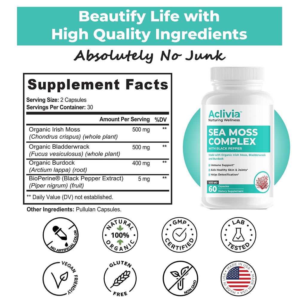 Aclivia sea moss ingredients with bladderwrack and burdock root