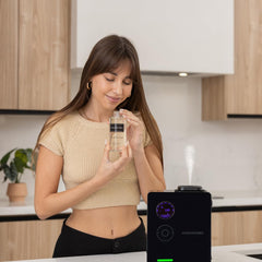 Close-up of Across The Universe diffuser oil bottle label and cap