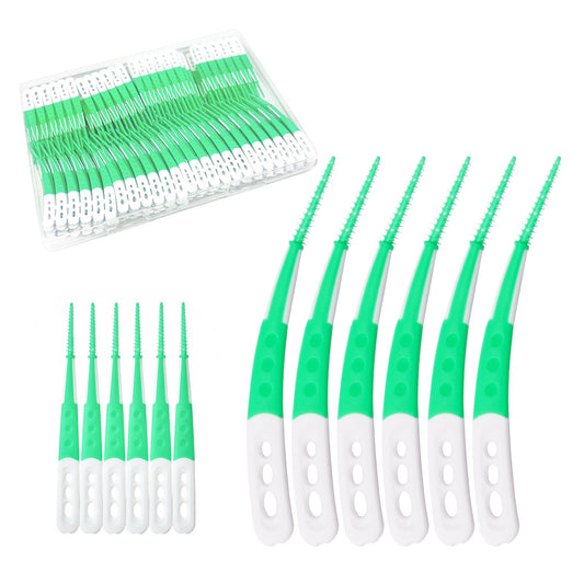 ACSKD Dental Floss Picks with green soft rubber brush heads, straight and curved design