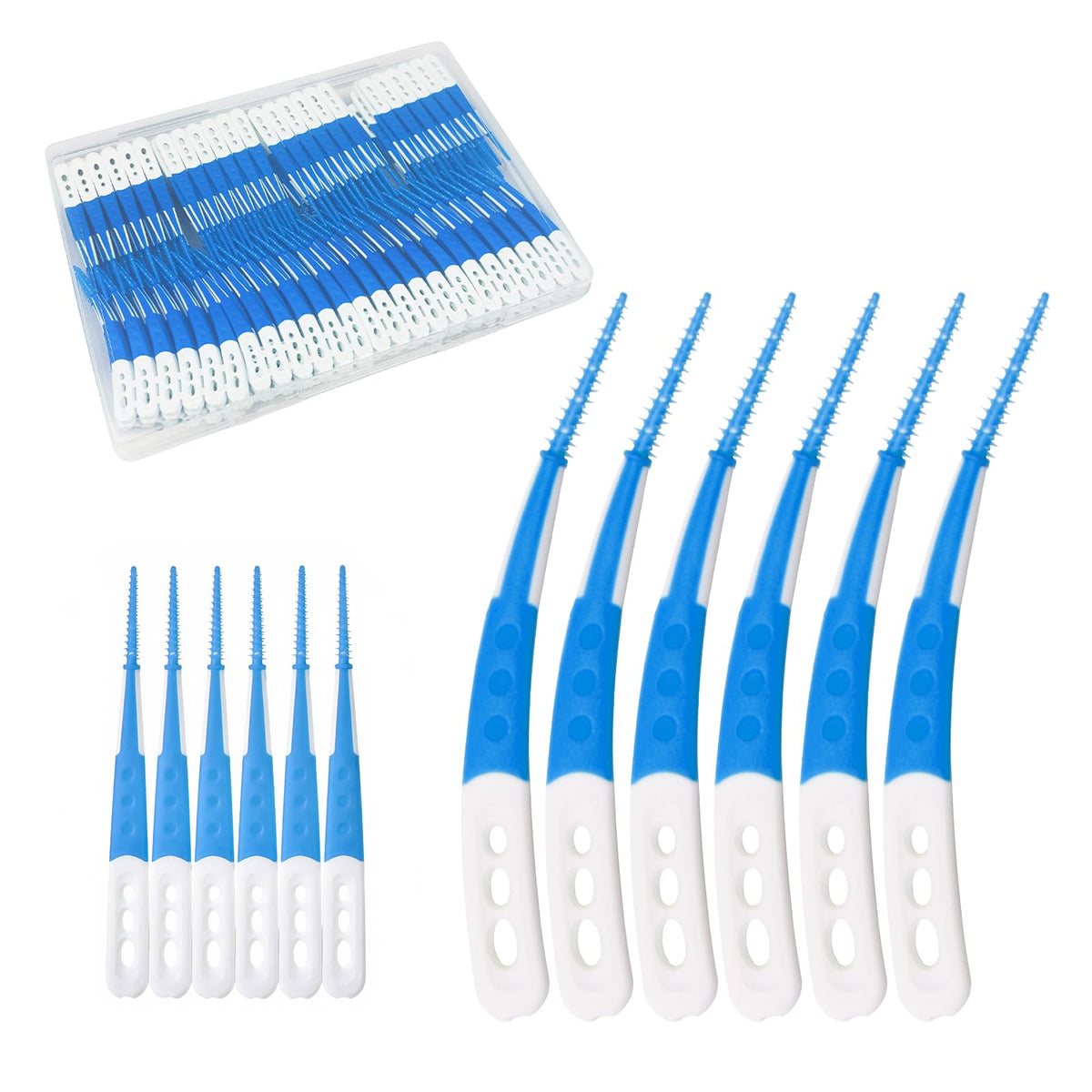 ACSKD dental floss picks with straight and curved soft rubber brush heads in blue