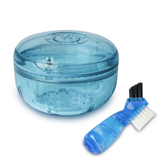 Blue ACSKD retainer cleaning case open showing dual-layer soaking and storage sections