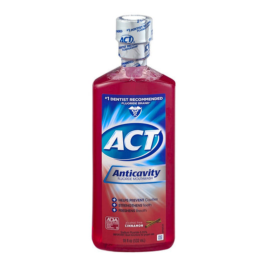 ACT Cinnamon Anticavity Fluoride Mouthwash bottle and packaging 18 oz pack of 6