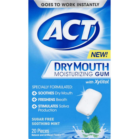 ACT Dry Mouth Moisturizing Gum Soothing Mint flavor packaging, 3-pack, 20-count
