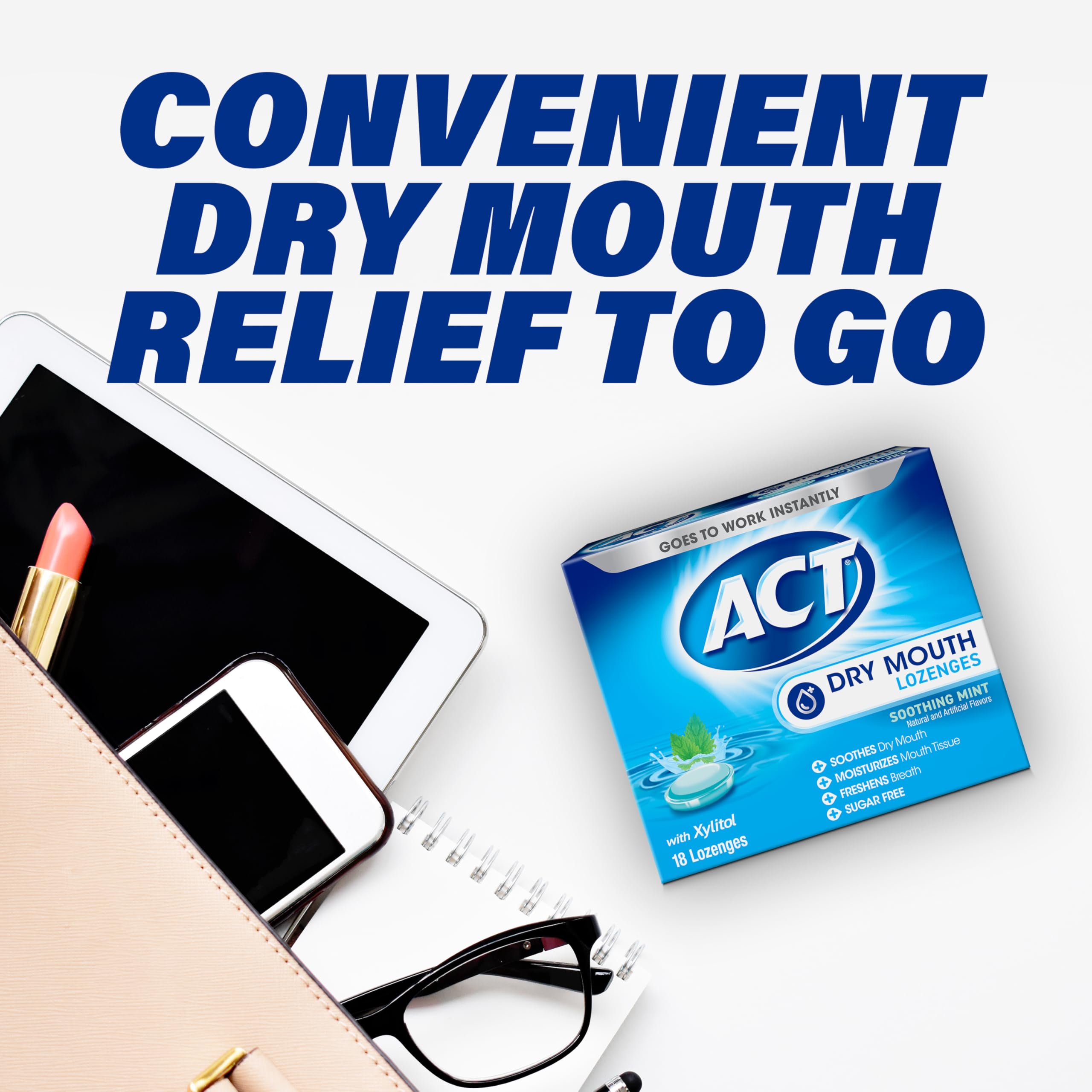 Portable ACT Dry Mouth Lozenges box placed in a purse