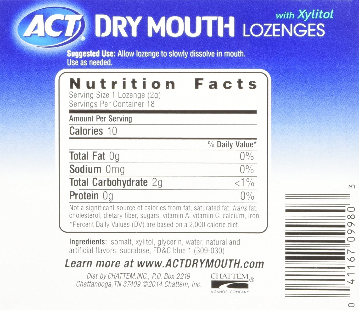 Front view of ACT Dry Mouth Lozenges with Xylitol 18-count pack