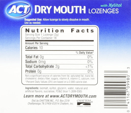 Front view of ACT Dry Mouth Lozenges with Xylitol 18-count pack