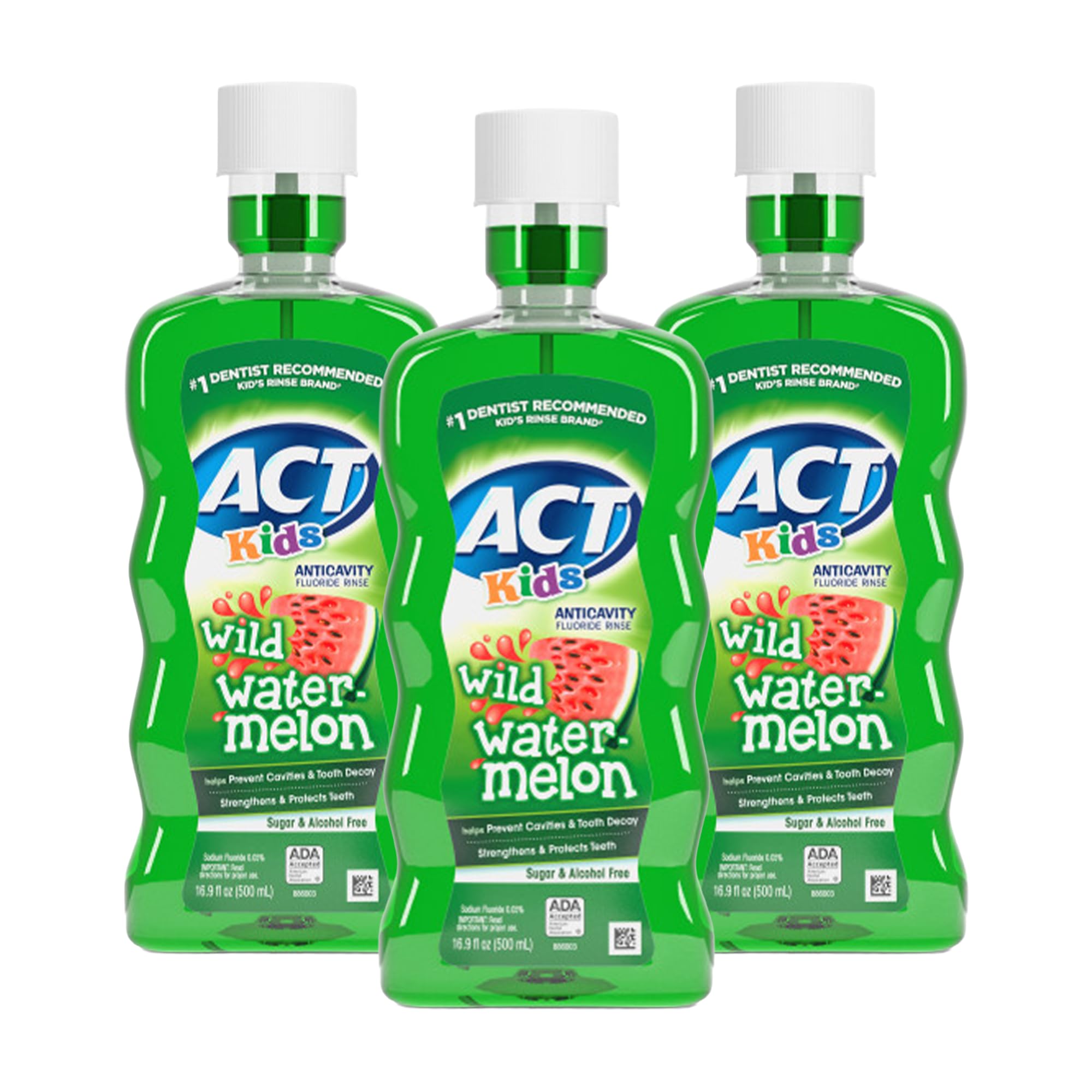 ACT Kids Anticavity Fluoride Mouthwash Wild Watermelon Front View Pack of 3