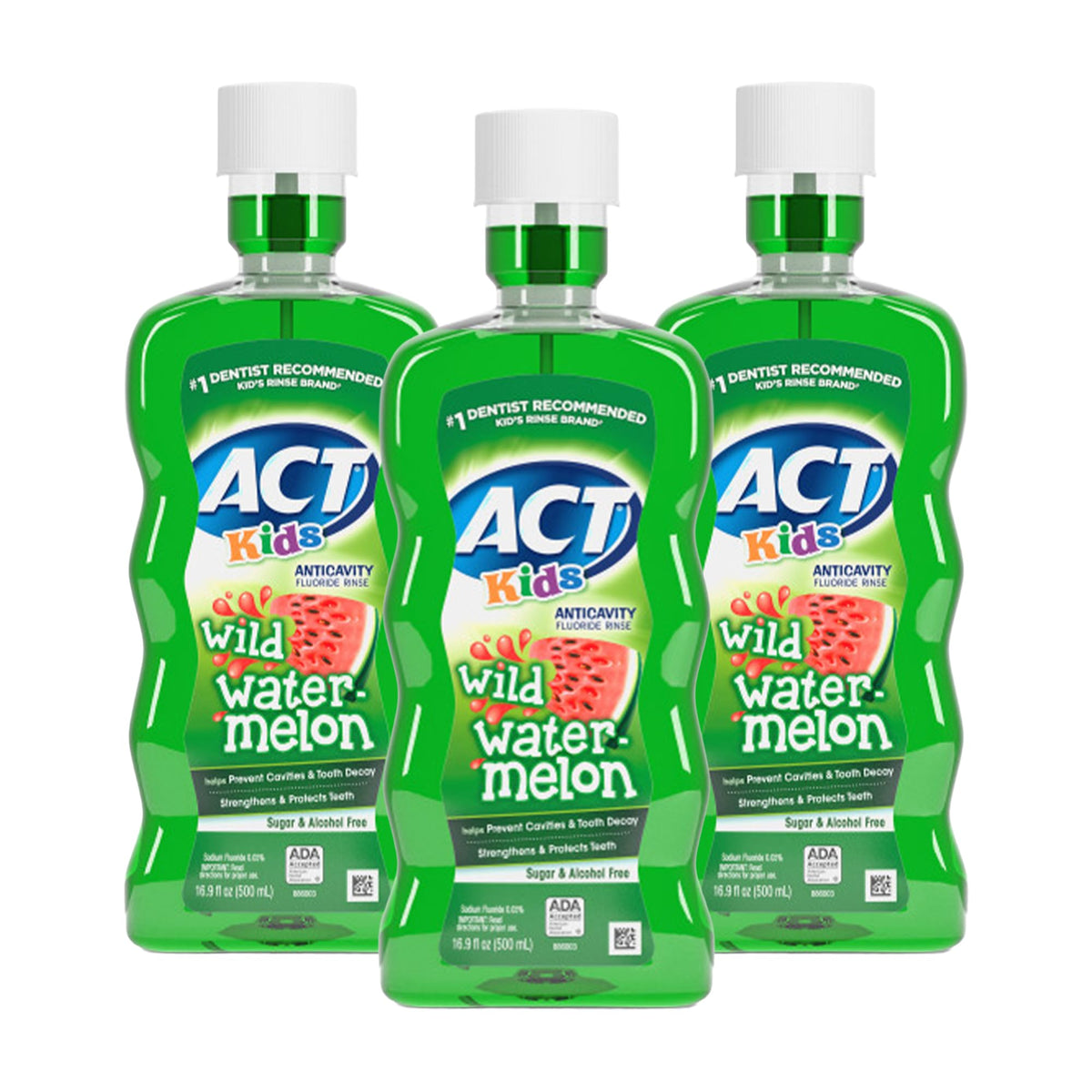 ACT Kids Anticavity Fluoride Mouthwash Wild Watermelon Front View Pack of 3