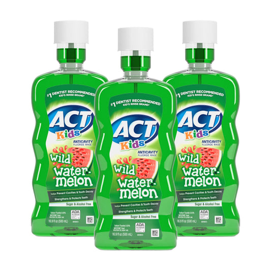 ACT Kids Anticavity Fluoride Mouthwash Wild Watermelon Front View Pack of 3