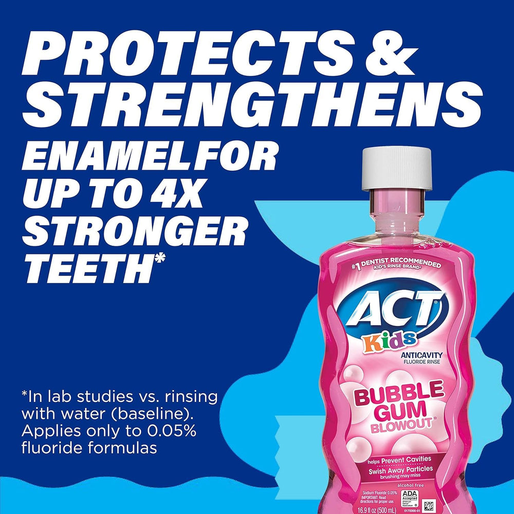 Bubblegum flavor branding on ACT Kids Bubblegum Blowout Rinse label