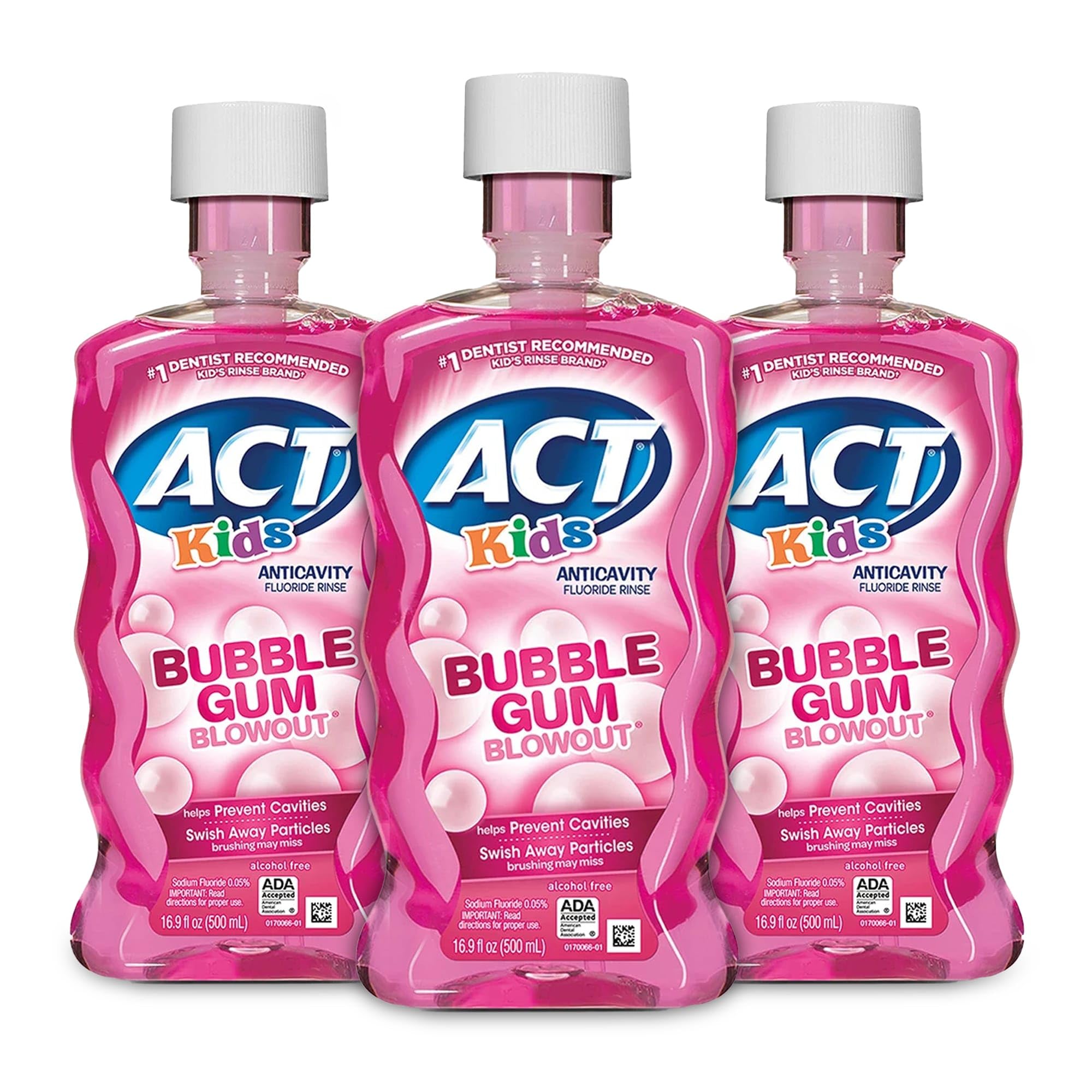 Front view of ACT Kids Fluoride Rinse Bubble Gum 16.9 oz bottles Pack of 3