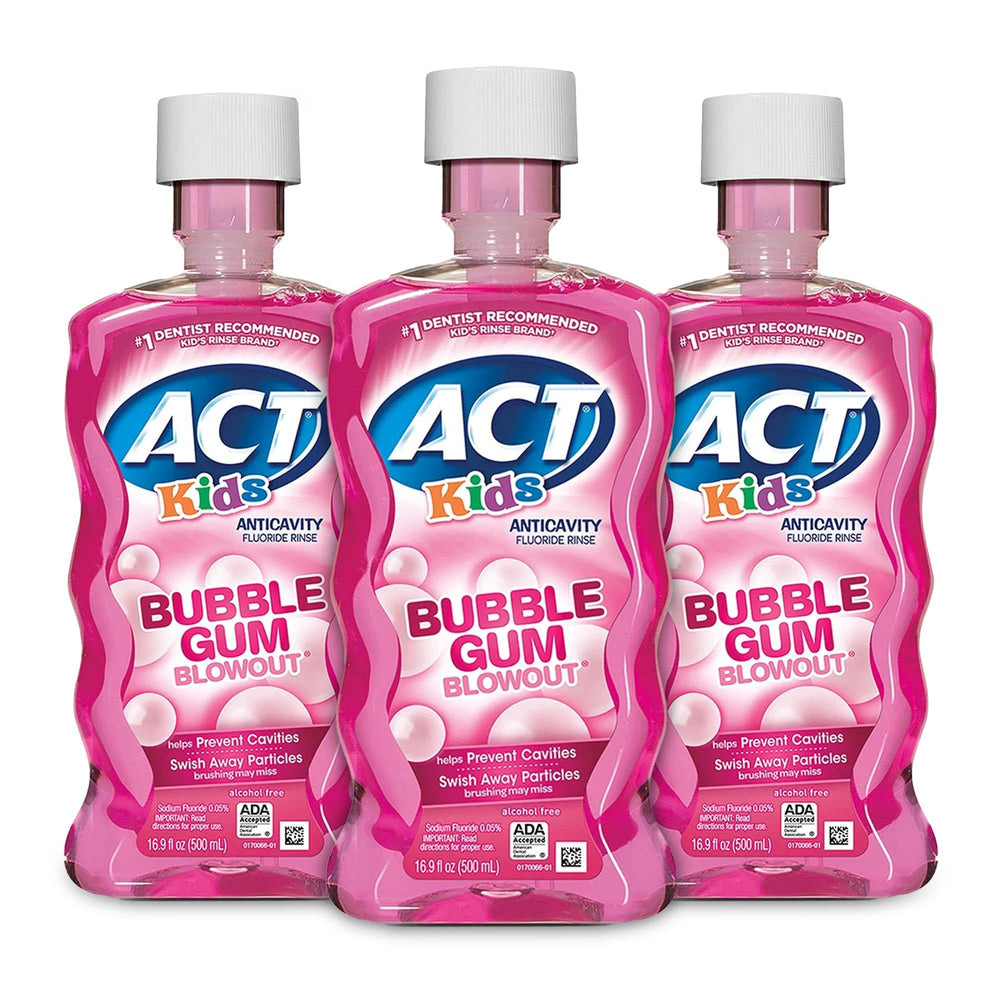 Front view of ACT Kids Fluoride Rinse Bubble Gum 16.9 oz bottles Pack of 3