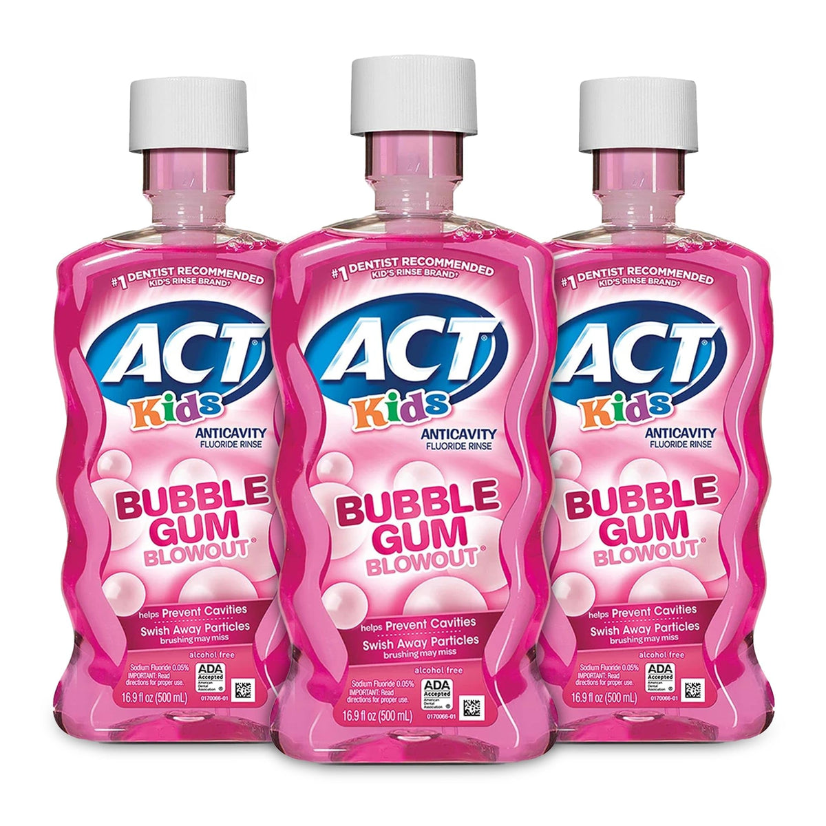 Front view of ACT Kids Fluoride Rinse Bubble Gum 16.9 oz bottles Pack of 3