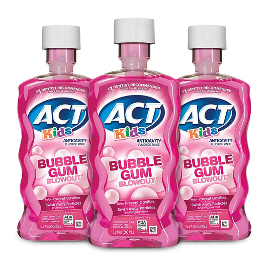 Front view of ACT Kids Fluoride Rinse Bubble Gum 16.9 oz bottles Pack of 3