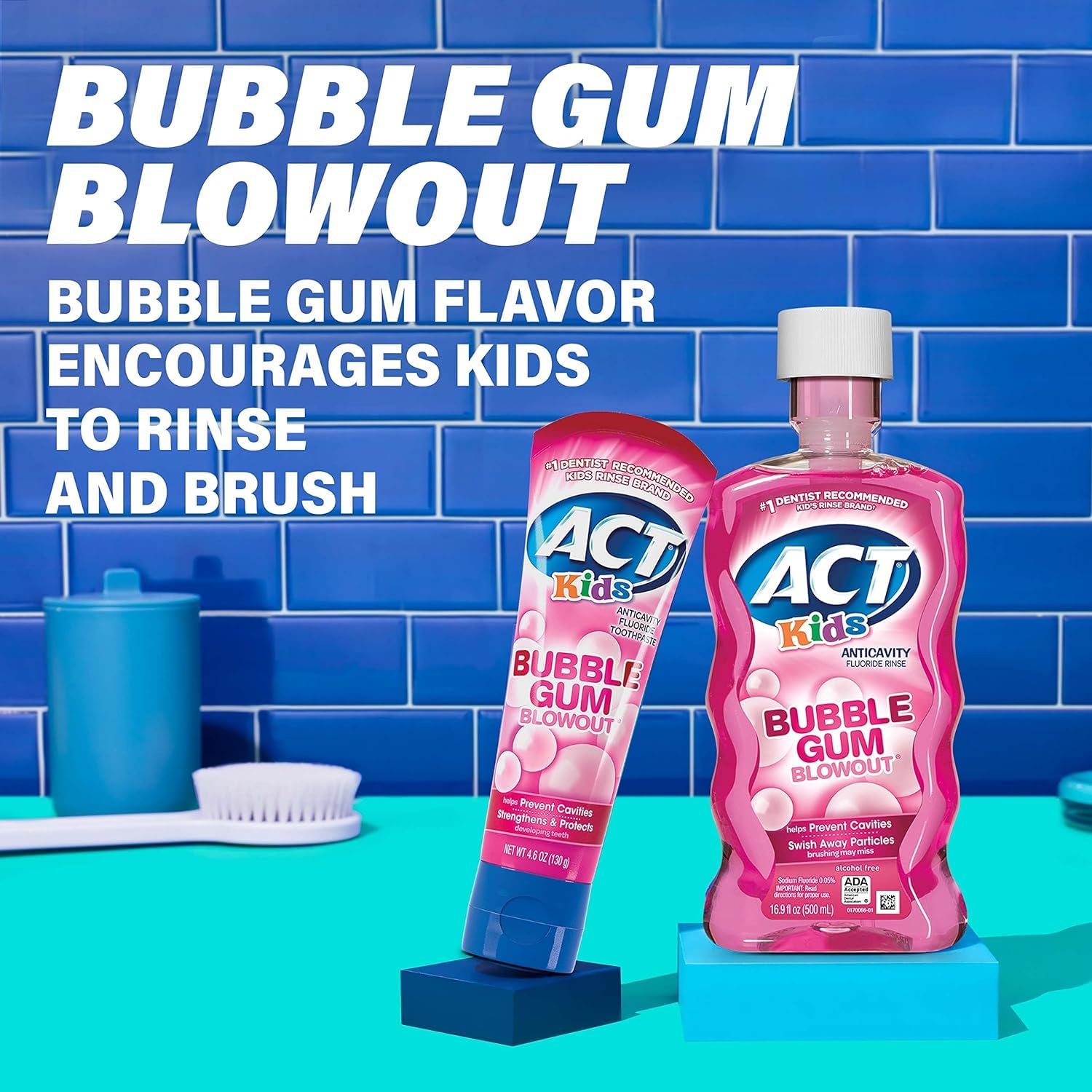 Kid-friendly dosing cup included with ACT Kids Bubblegum Blowout Rinse