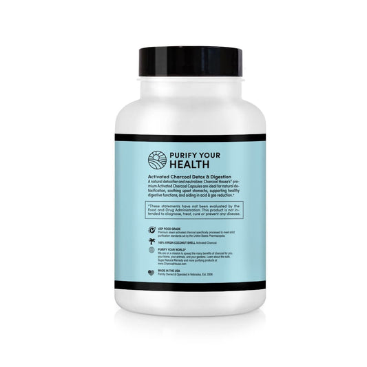 Close-up view of vegan charcoal capsules (260mg each)