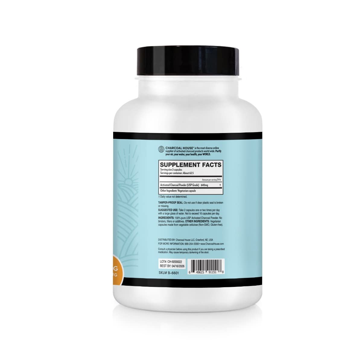 Capsule bottle label with coconut shell charcoal information