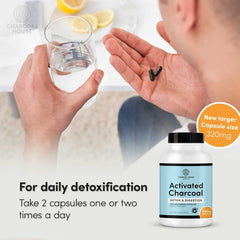 Charcoal capsules aiding digestion: upset stomach, gas, indigestion