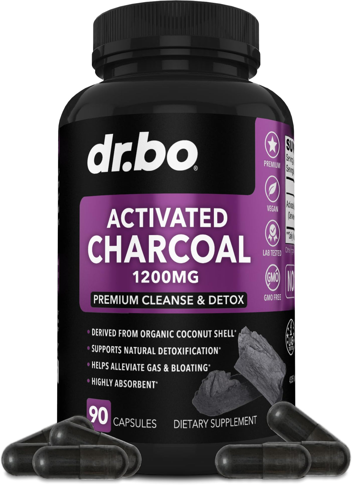 Bottle of Activated Charcoal Capsules with 1200 mg per serving