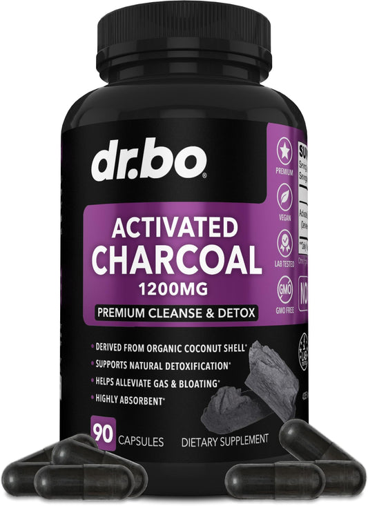 Bottle of Activated Charcoal Capsules with 1200 mg per serving