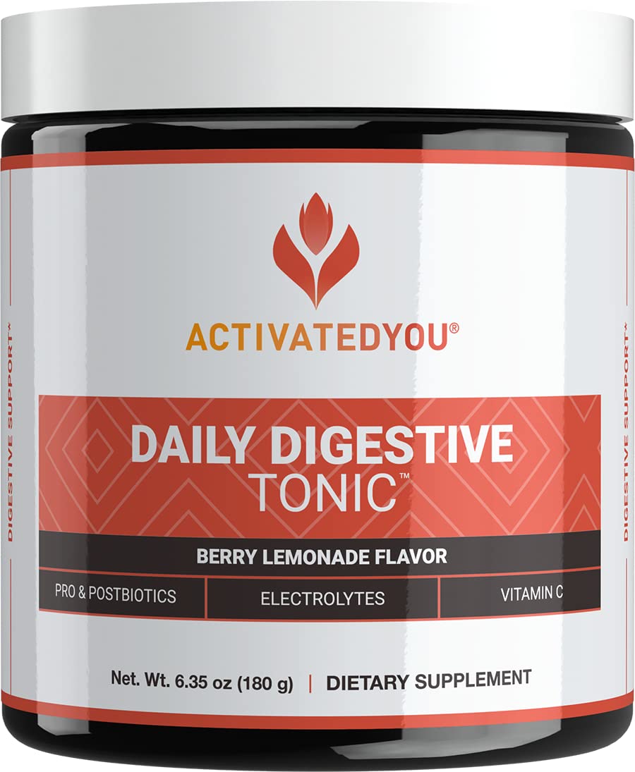 ActivatedYou Daily Digestive Tonic tub shows the powder for daily gut support.