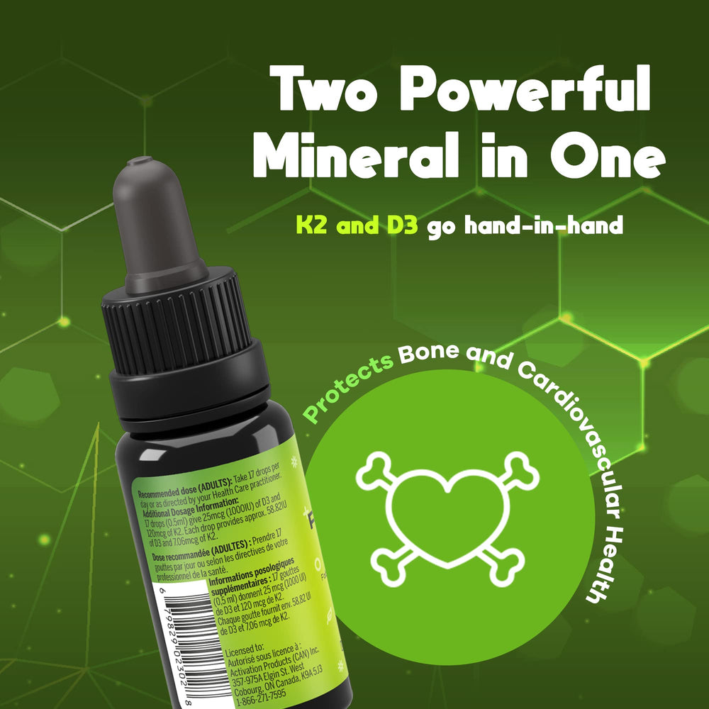 15 ml bottle of D3K2 supplement on white background