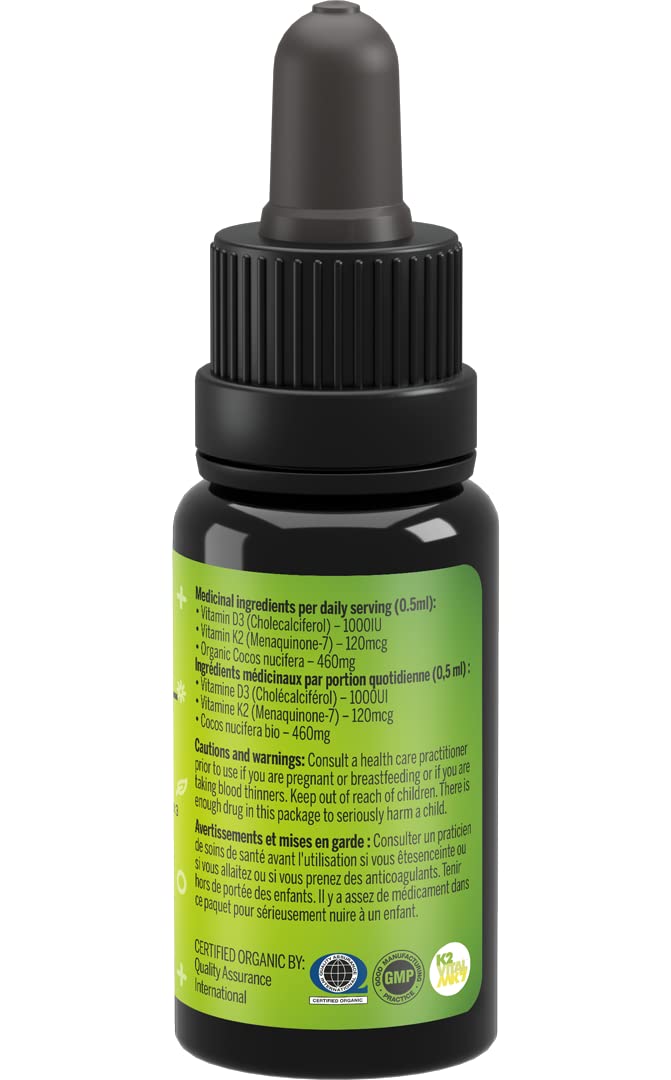 Vitamin D3 + K2 liquid supplement bottle and droplets