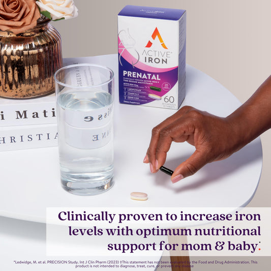 Active Iron Prenatal bottle with back label showing supplement facts