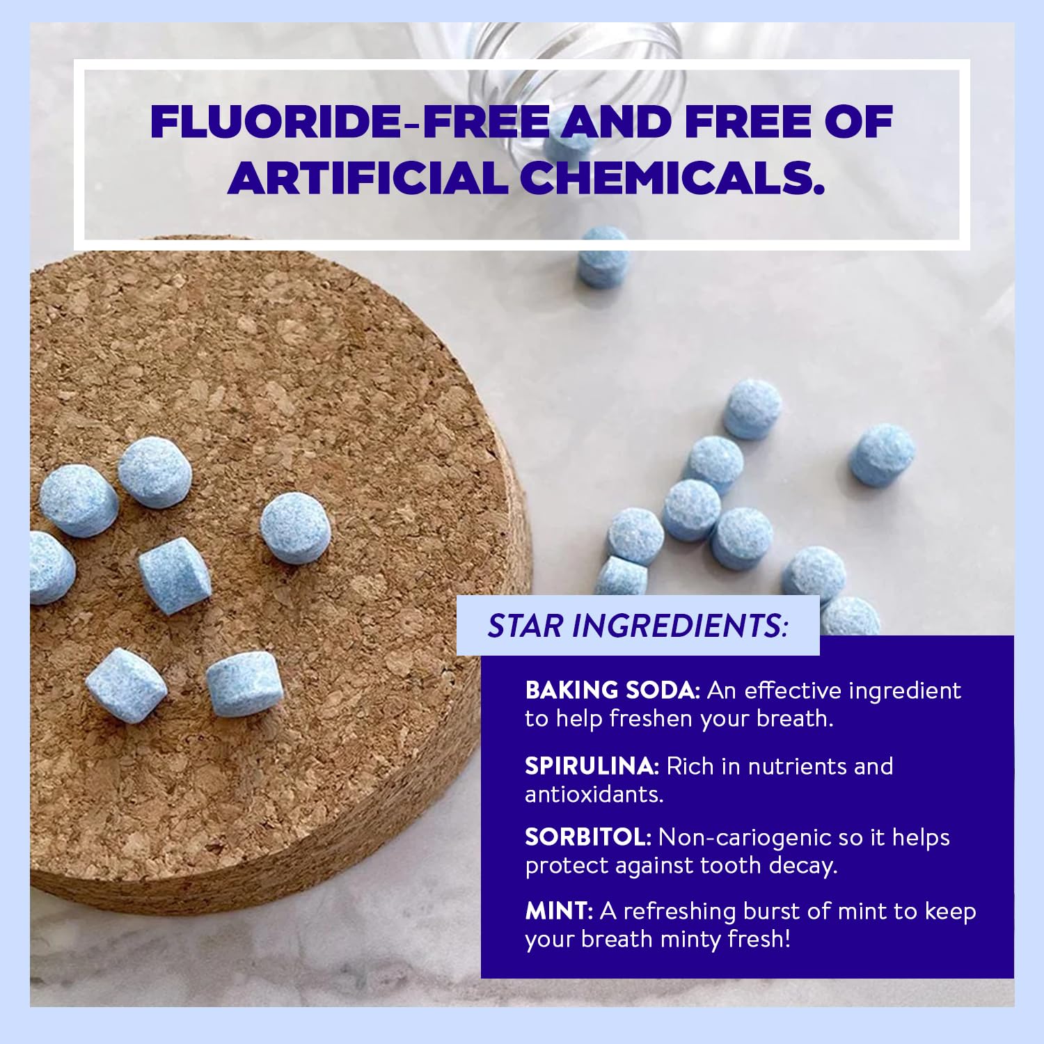 Chew-and-swish action with mint mouthwash tablet
