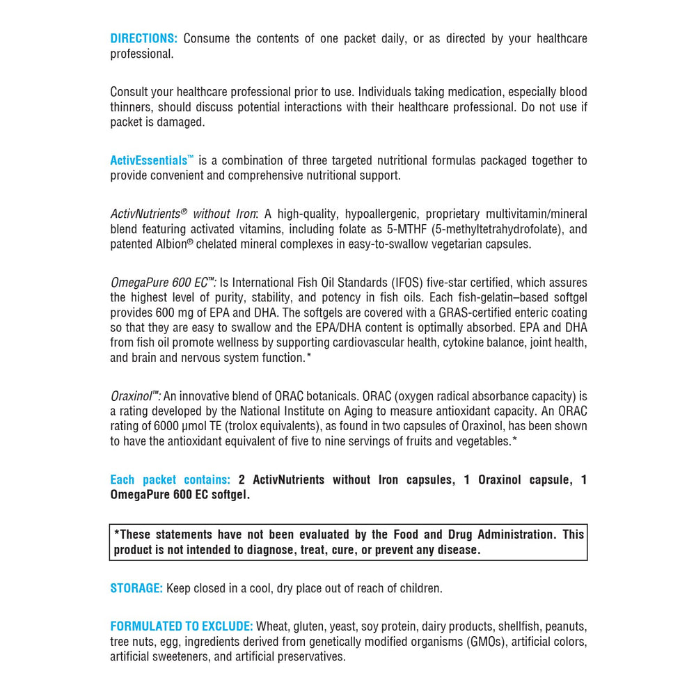 Three supplement packets featuring ActivNutrients, Oraxinol, and OmegaPure