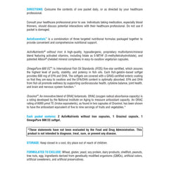 Three supplement packets featuring ActivNutrients, Oraxinol, and OmegaPure