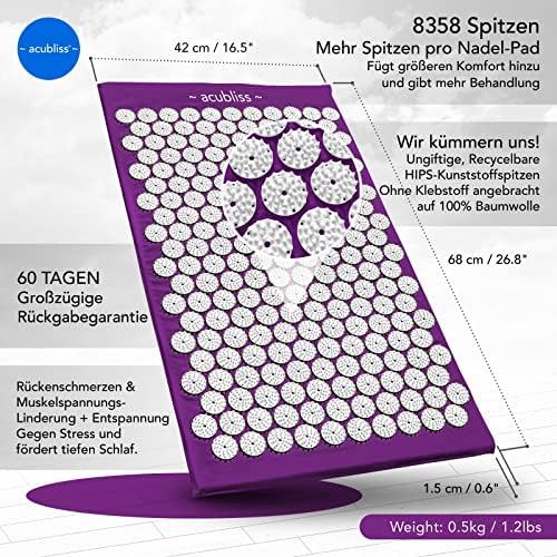 Purple Acubliss mat in use on bed for back pain relief