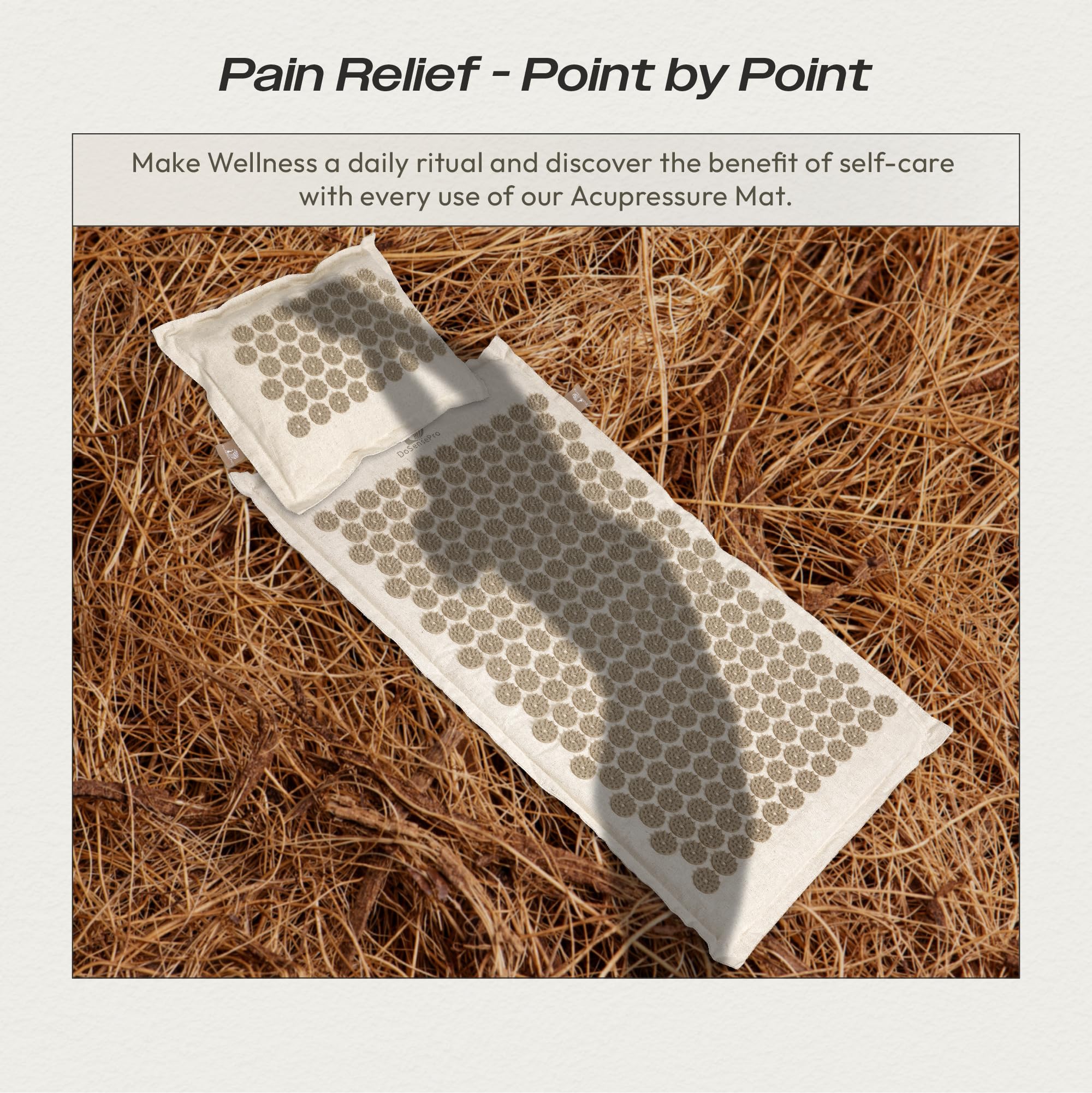 Extended 29-inch acupressure mat with pillow on natural linen