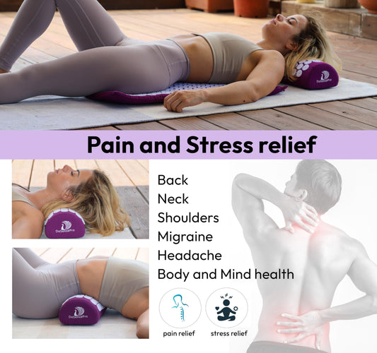 Close-up of acupressure spikes on purple mat