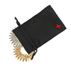 Close-up of the three rings with velvet carrying pouch