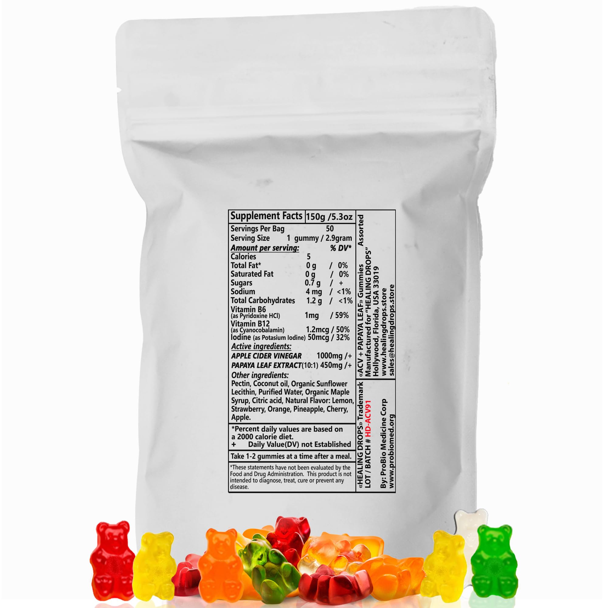 Assorted lemon, strawberry, orange, pineapple, cherry, and apple flavored gummies